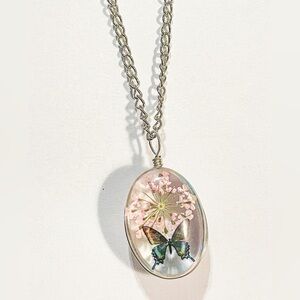 Pink Pressed Flower Glass Oval Necklace